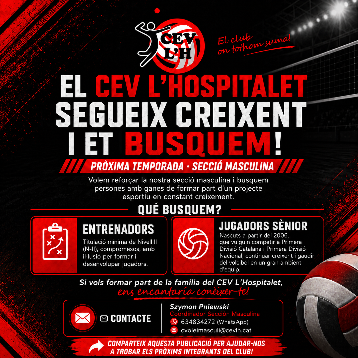 El CEV L’Hospitalet continua creixent i t’estem buscant! 🏐❤️🖤